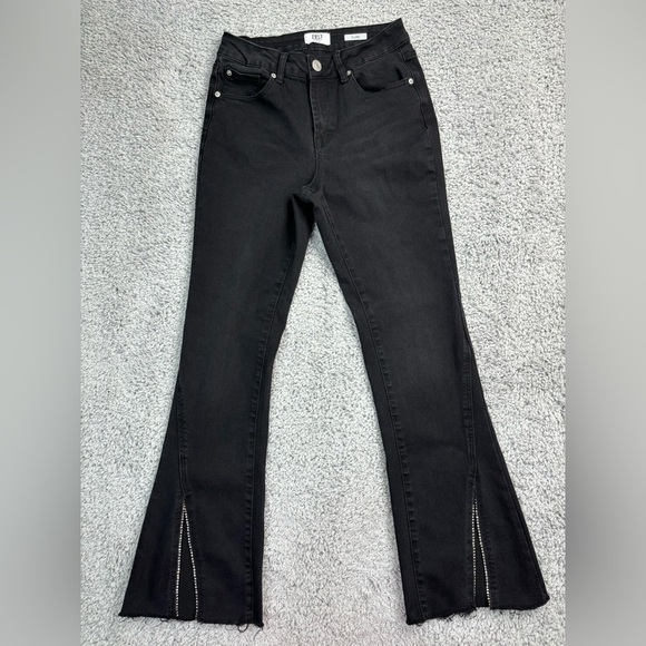 BBJ Jeans Womens 5 Cubic Zirconia Diamond Detail Flare Bold Classic Black Denim - Picture 1 of 6